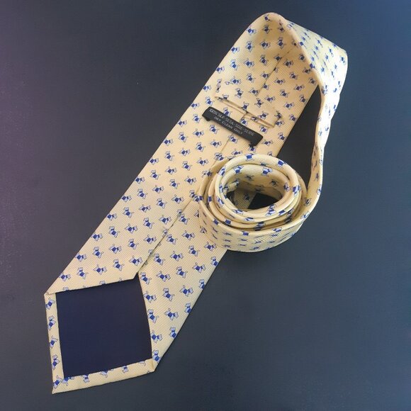 Scottie Dog Repeating Pattern Soft Yellow with Blue & White- Men's Tie 100% Silk - Picture 2 of 9